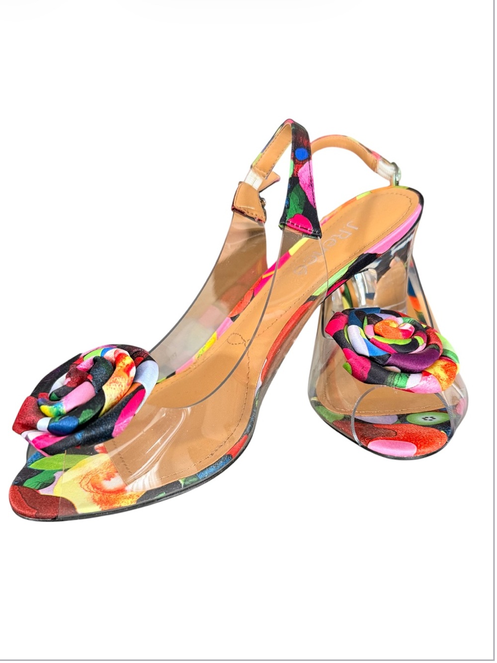 J. Renee Dailona Clear Vinyl Rainbow Slingback Heels Floral Accent Size 8